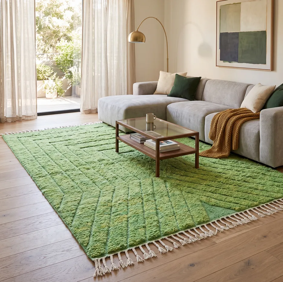 Tapis berbère Azemmour vert aux motifs géométriques, vue 3 sur 4