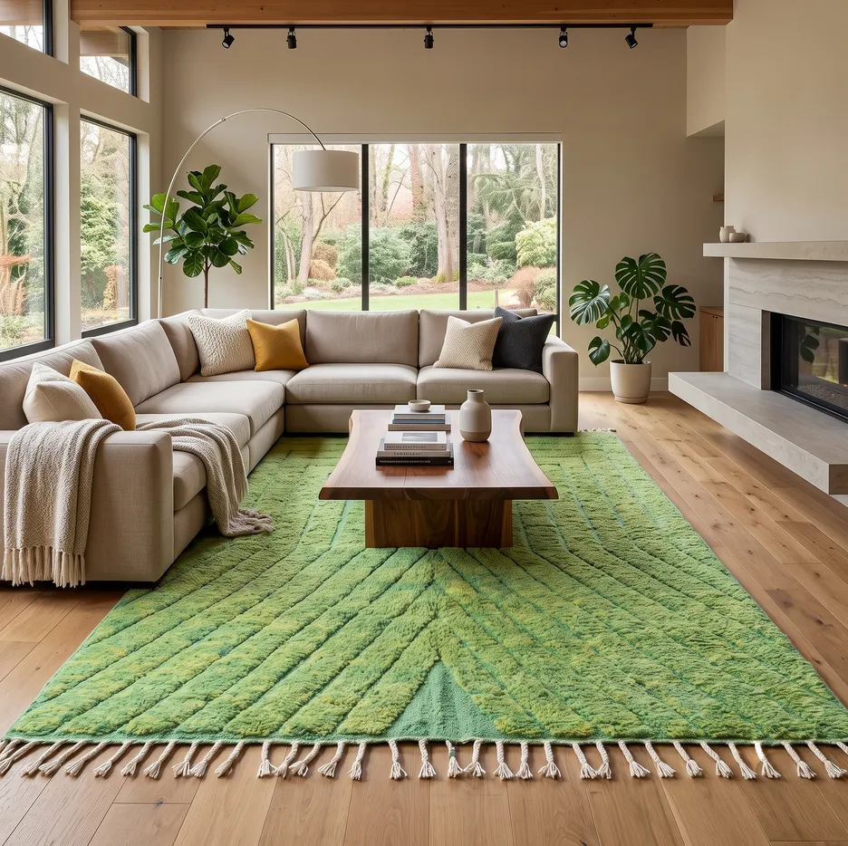 Tapis berbère Azemmour vert aux motifs géométriques, vue 4 sur 4