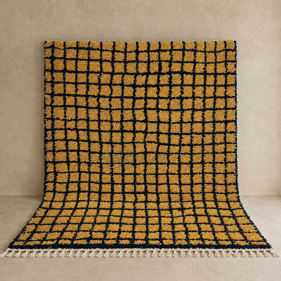 Tapis berbère Azigza jaune à damier — tapis berbères contemporains tissé à la main