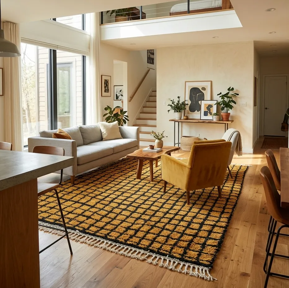 Tapis berbère Azigza jaune à damier, vue 3 sur 4