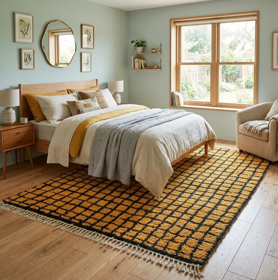 Tapis berbère Azigza jaune à damier, vue 4 sur 4