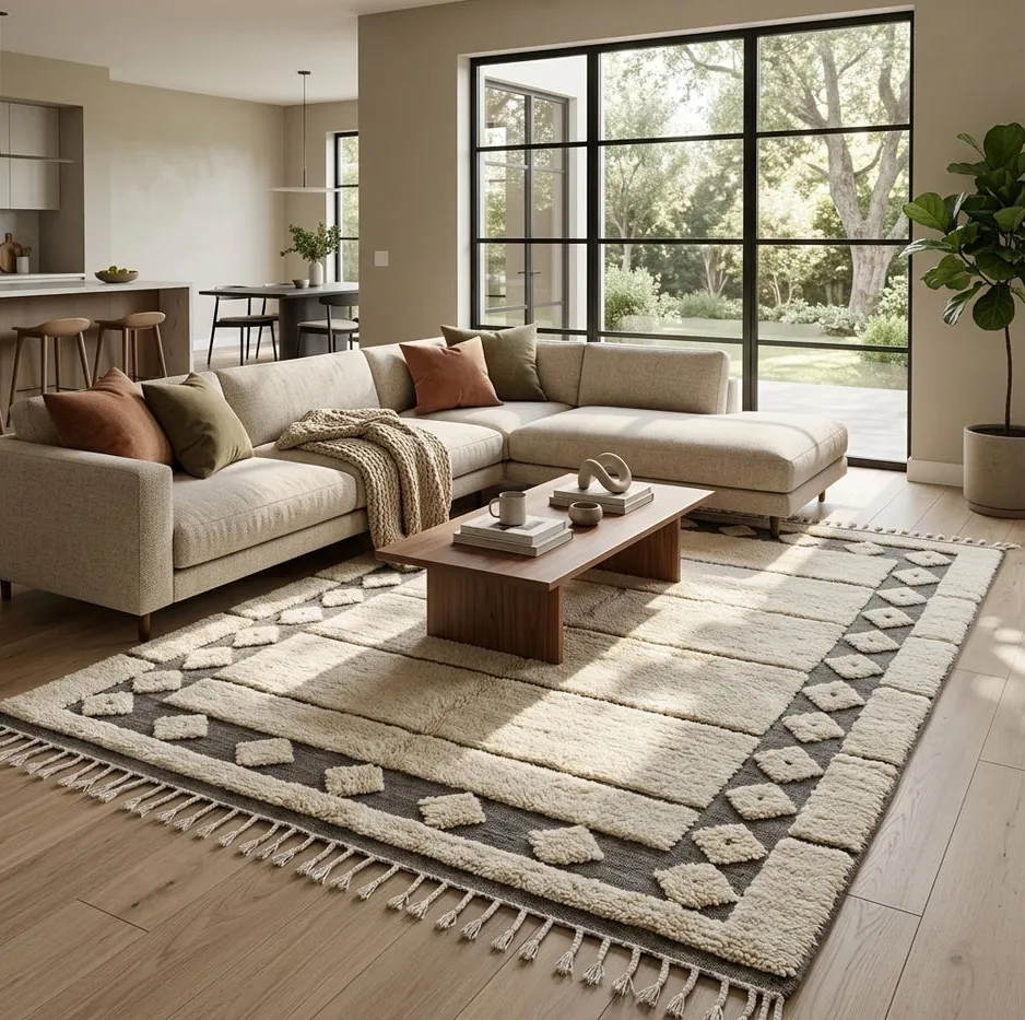 Tapis berbère Biougra crème et gris aux motifs géométriques, vue 3 sur 4