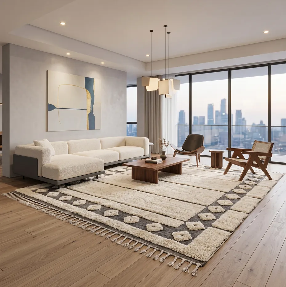 Tapis berbère Biougra crème et gris aux motifs géométriques, vue 4 sur 4
