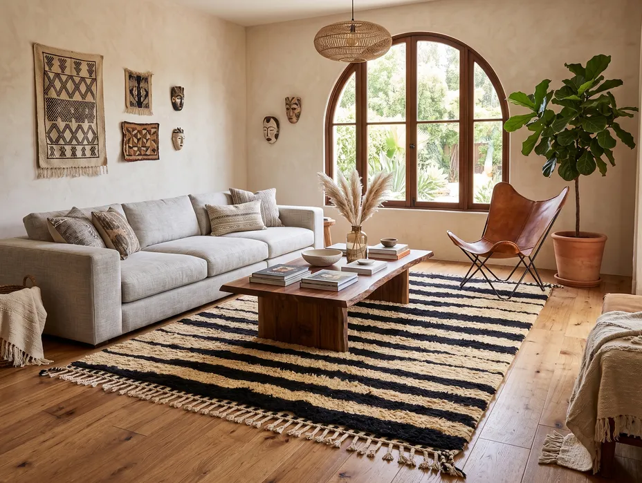 Tapis berbère Bounaceur beige et noir à lignes, vue 3 sur 4