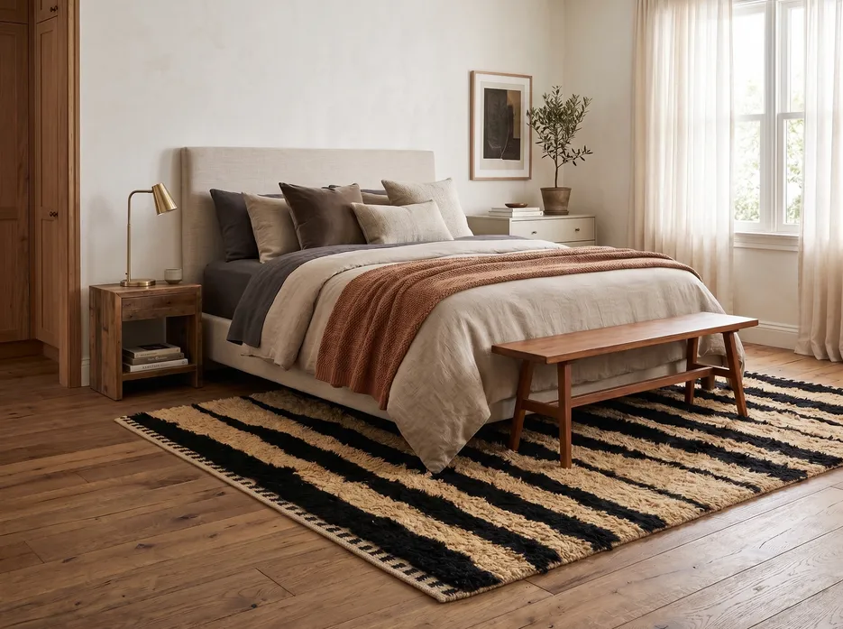 Tapis berbère Bounaceur beige et noir à lignes, vue 4 sur 4