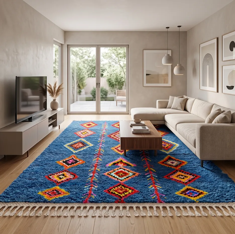 Tapis berbère Chefchaouen bleu et multicolore à losanges, vue 3 sur 4
