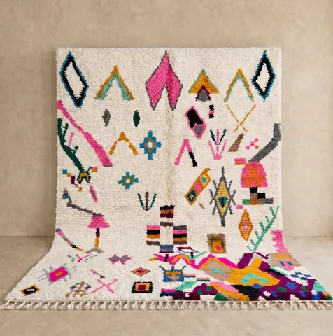 Tapis berbère Essaouira blanc et multicolore aux motifs berbères — tapis berbères contemporains