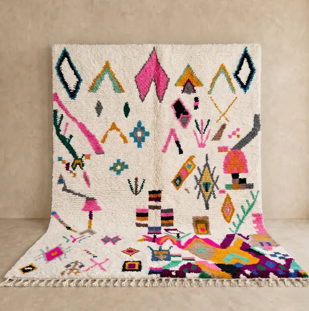 Tapis berbère Essaouira blanc et multicolore aux motifs berbères — tapis berbères contemporains
