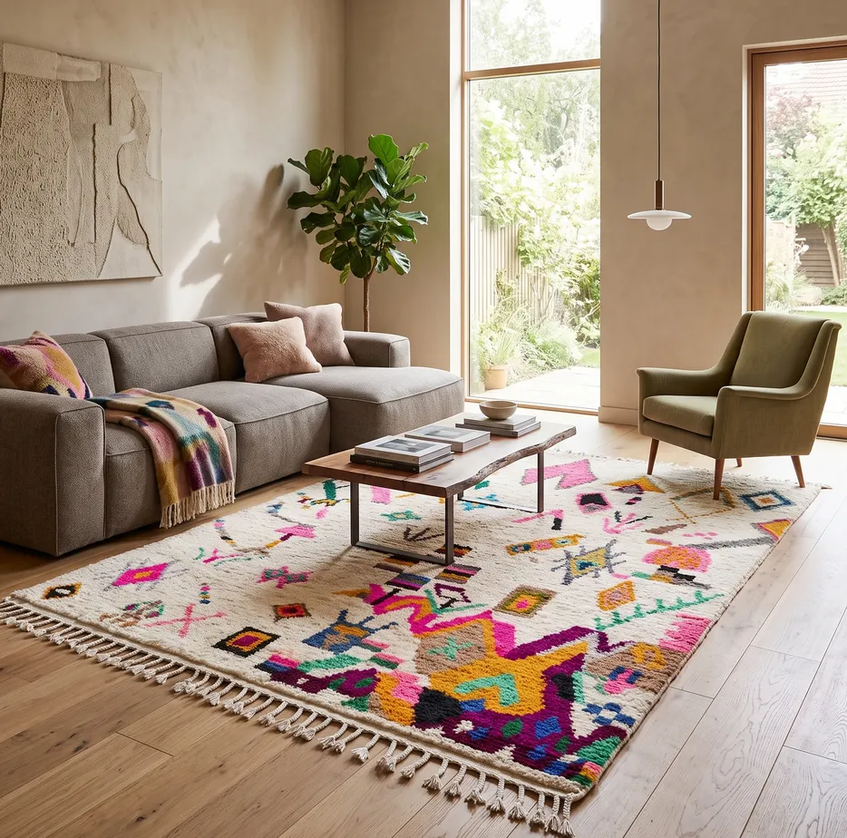Tapis berbère Essaouira blanc et multicolore aux motifs berbères, vue 3 sur 4