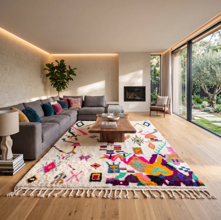 Tapis berbère Essaouira blanc et multicolore aux motifs berbères, vue 4 sur 4
