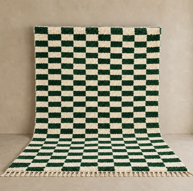 Tapis berbère Essaouira vert et blanc à damier — tapis berbères contemporains