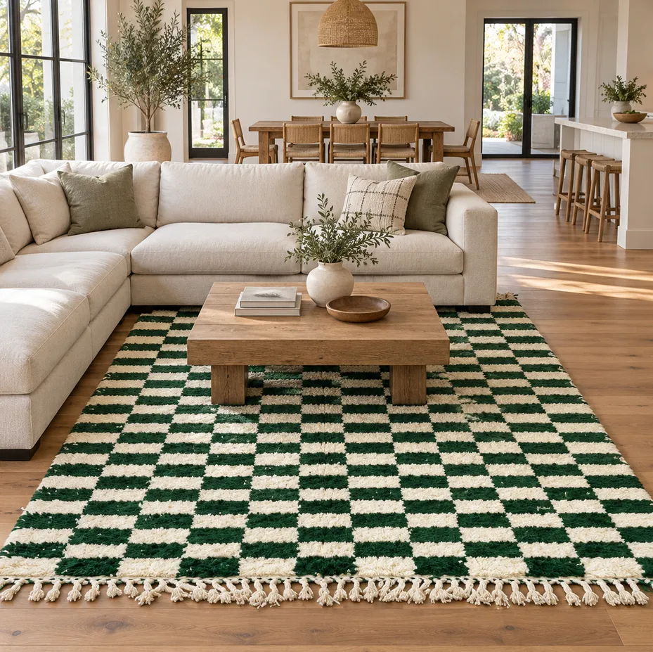 Tapis berbère Essaouira vert et blanc à damier, vue 3 sur 4