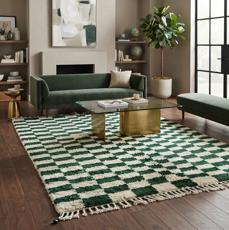 Tapis berbère Essaouira vert et blanc à damier, vue 4 sur 4