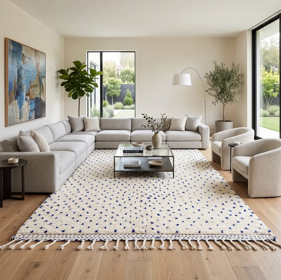 Tapis berbère Figuig crème et bleu, vue 3 sur 4