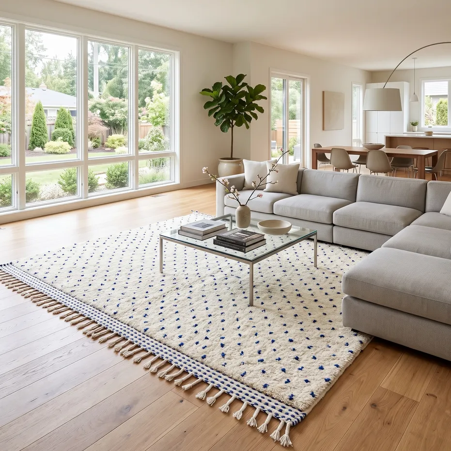 Tapis berbère Figuig crème et bleu, vue 4 sur 4