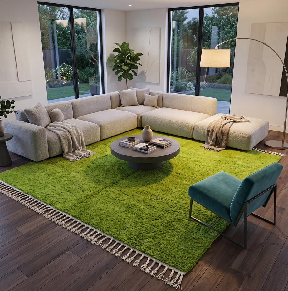 Tapis berbère Guelmim vert uni, vue 4 sur 4