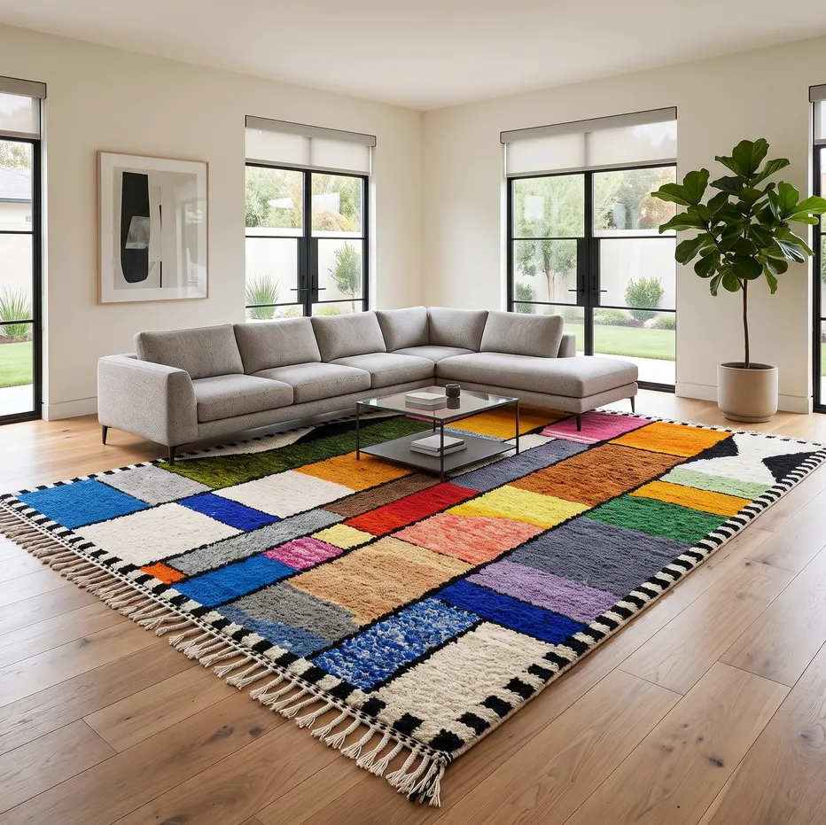 Tapis berbère Ijoukak multicolore aux motifs géométriques, vue 2 sur 4