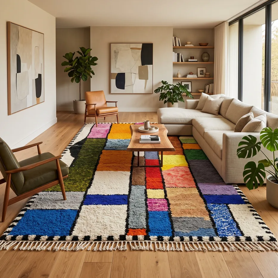 Tapis berbère Ijoukak multicolore aux motifs géométriques, vue 3 sur 4