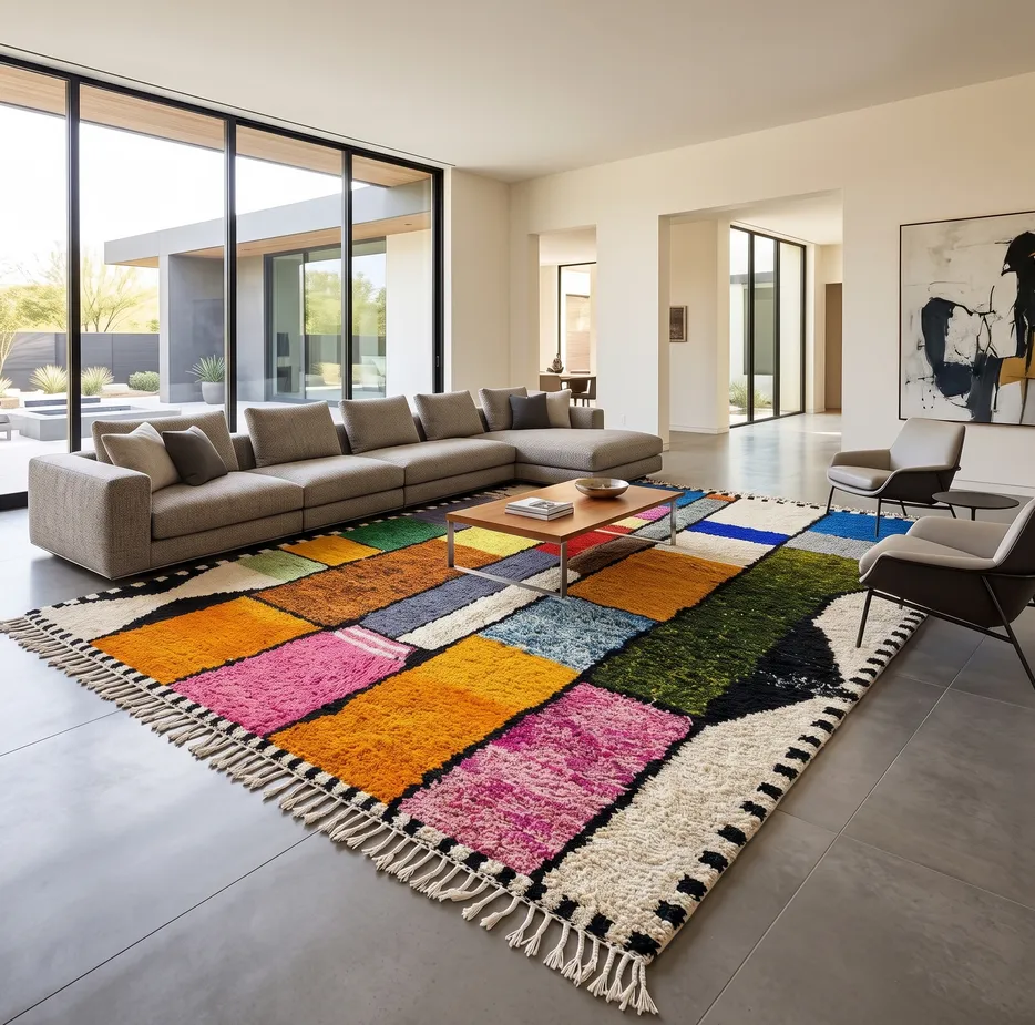 Tapis berbère Ijoukak multicolore aux motifs géométriques, vue 4 sur 4