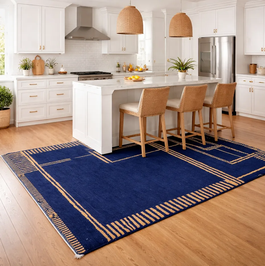 Tapis berbère Imilchil bleu aux motifs géométriques, vue 3 sur 4