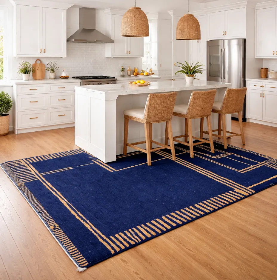 Tapis berbère Imilchil bleu aux motifs géométriques, vue 4 sur 4