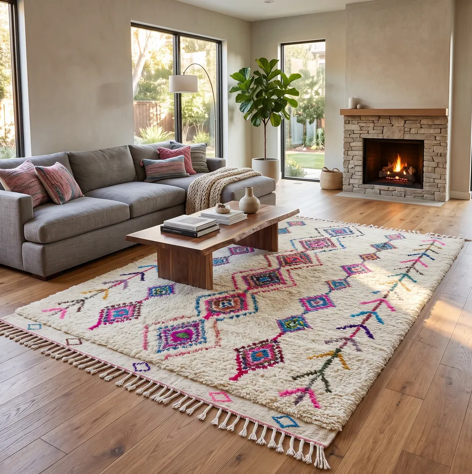 Tapis berbère Imouzzer multicolore aux motifs berbères, vue 3 sur 4
