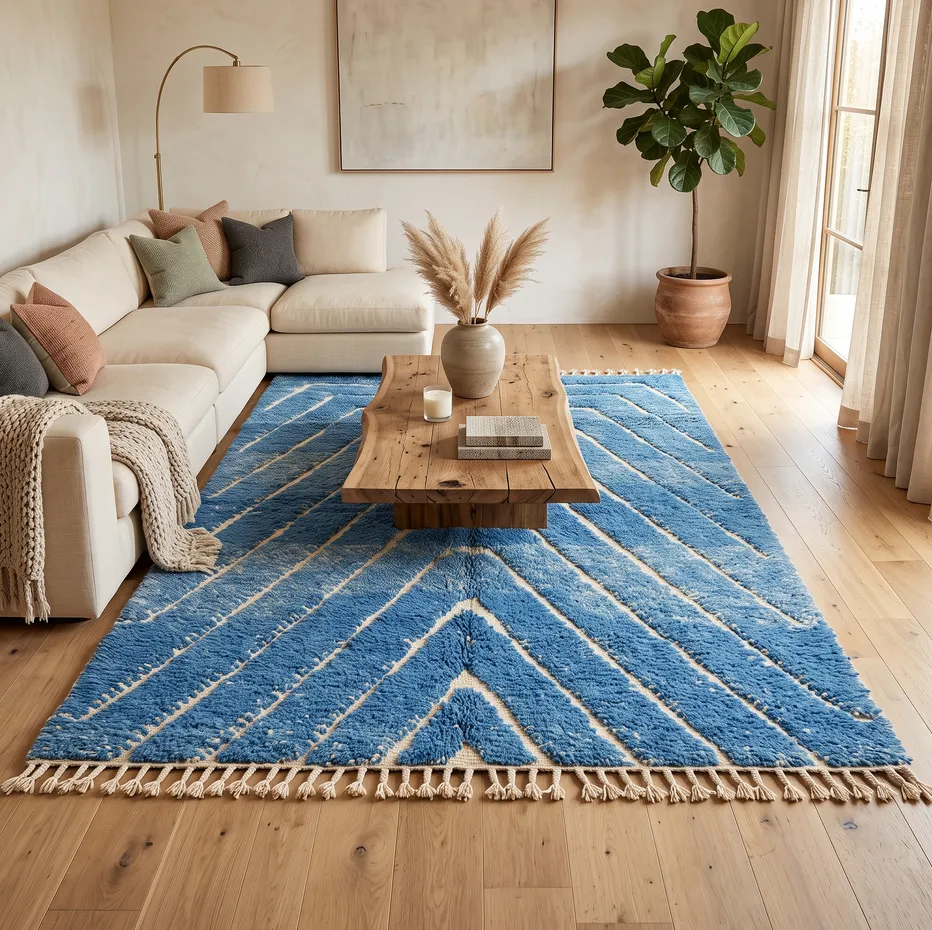 Tapis berbère Imsouane bleu à lignes, vue 3 sur 4