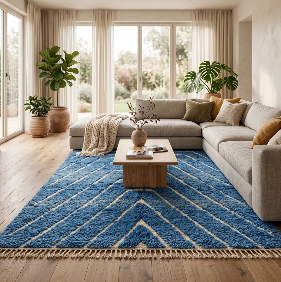 Tapis berbère Imsouane bleu à lignes, vue 4 sur 4