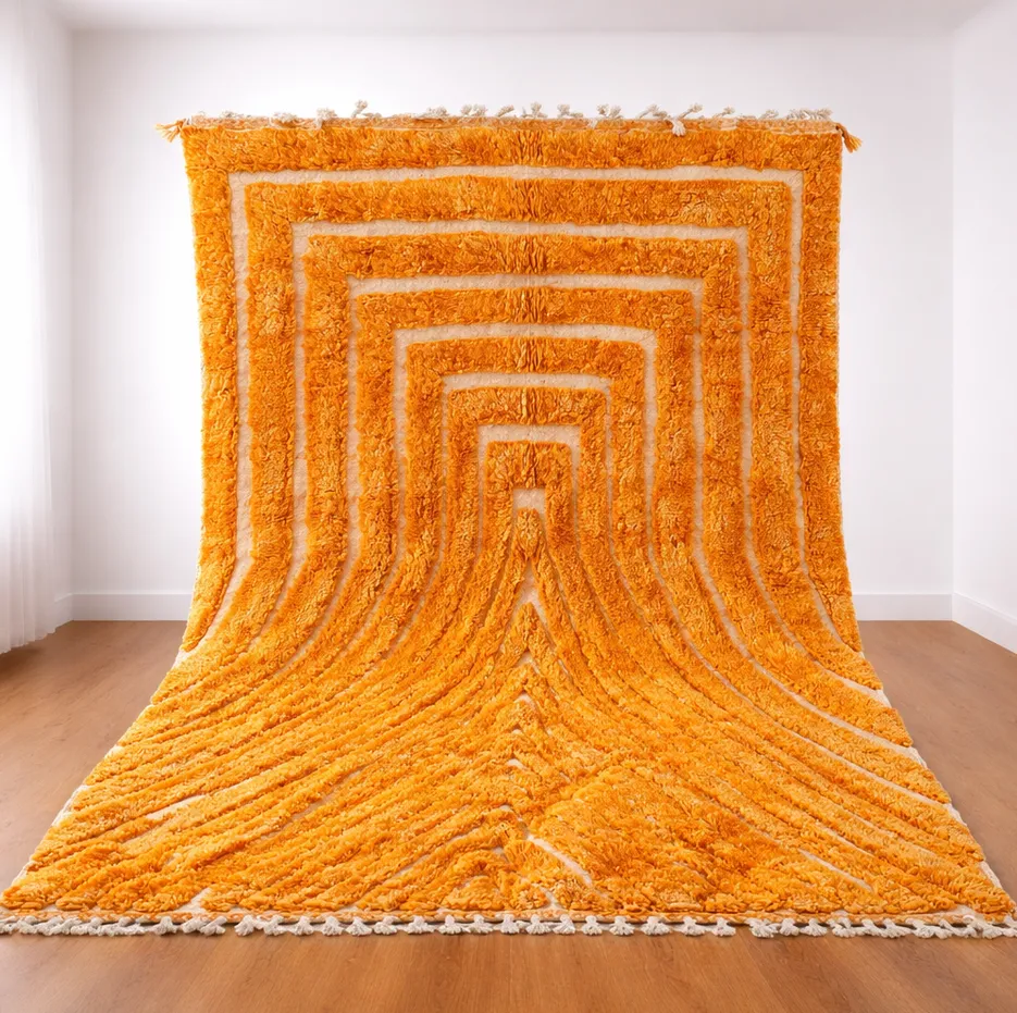 Tapis berbère Ineghmar orange aux motifs géométriques — tapis berbères contemporains tissé à la main