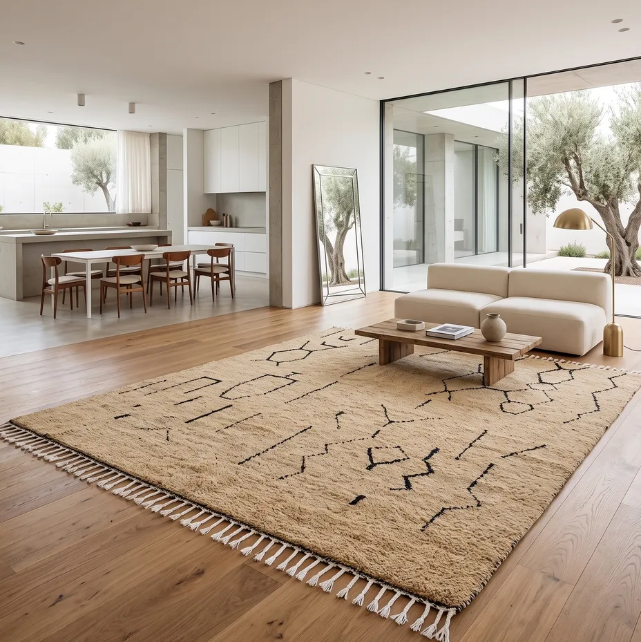 Tapis berbère Khémisset beige et noir au dessin abstrait, vue 3 sur 4