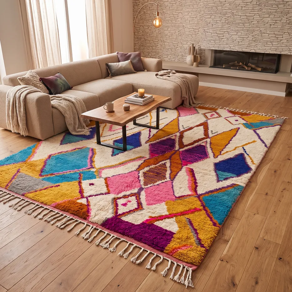 Tapis berbère Khémisset multicolore à losanges, vue 3 sur 4