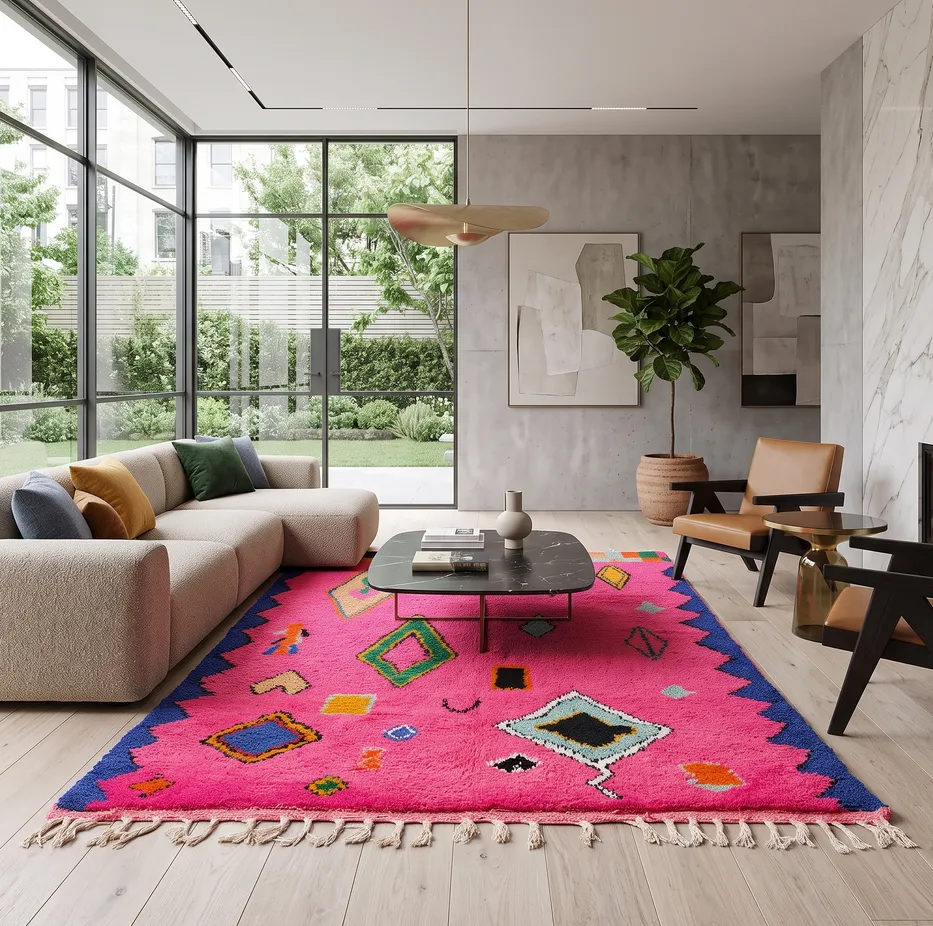 Tapis berbère Lunja rose et multicolore au dessin abstrait, vue 3 sur 4