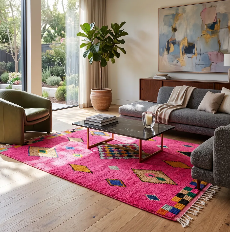 Tapis berbère Lunja rose et multicolore au dessin abstrait, vue 4 sur 4