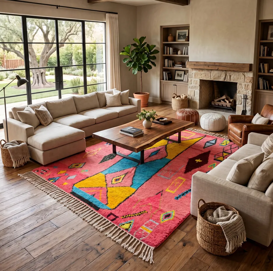 Tapis berbère Meddur rose et multicolore au dessin abstrait, vue 3 sur 4