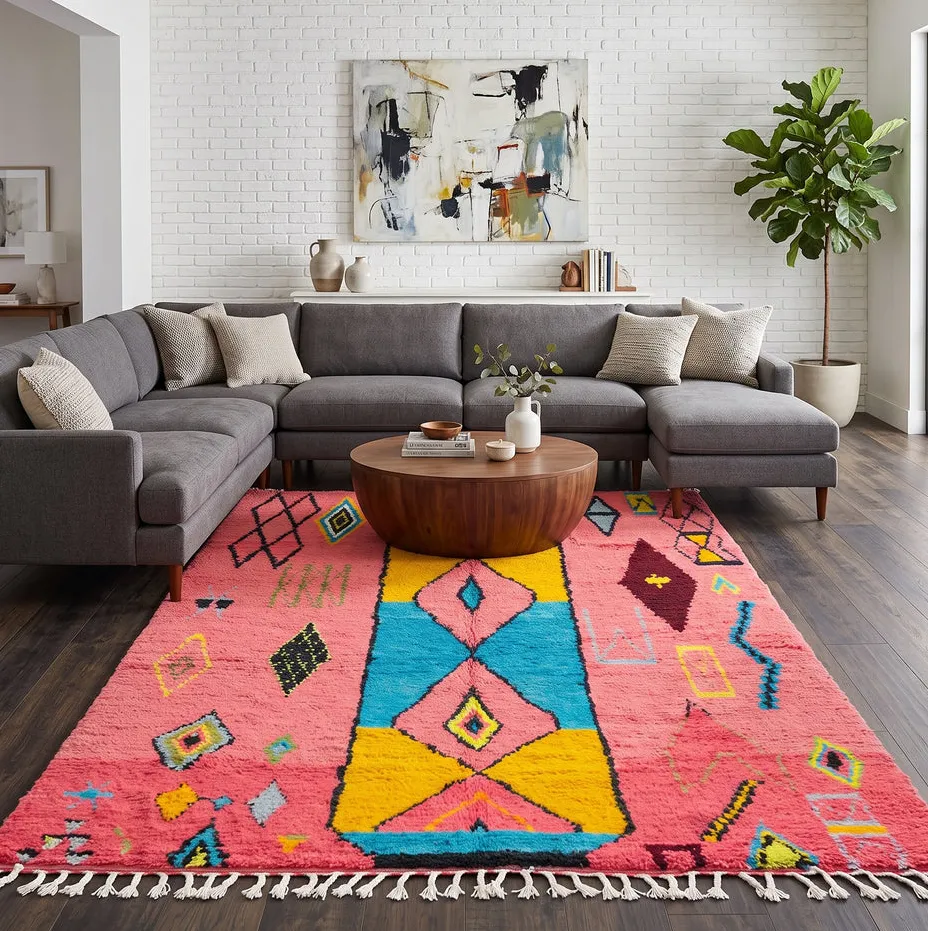 Tapis berbère Meddur rose et multicolore au dessin abstrait, vue 4 sur 4