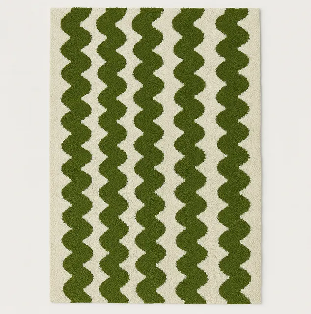 Tapis berbère Nfis vert et blanc aux formes ondulées — tapis berbères contemporains
