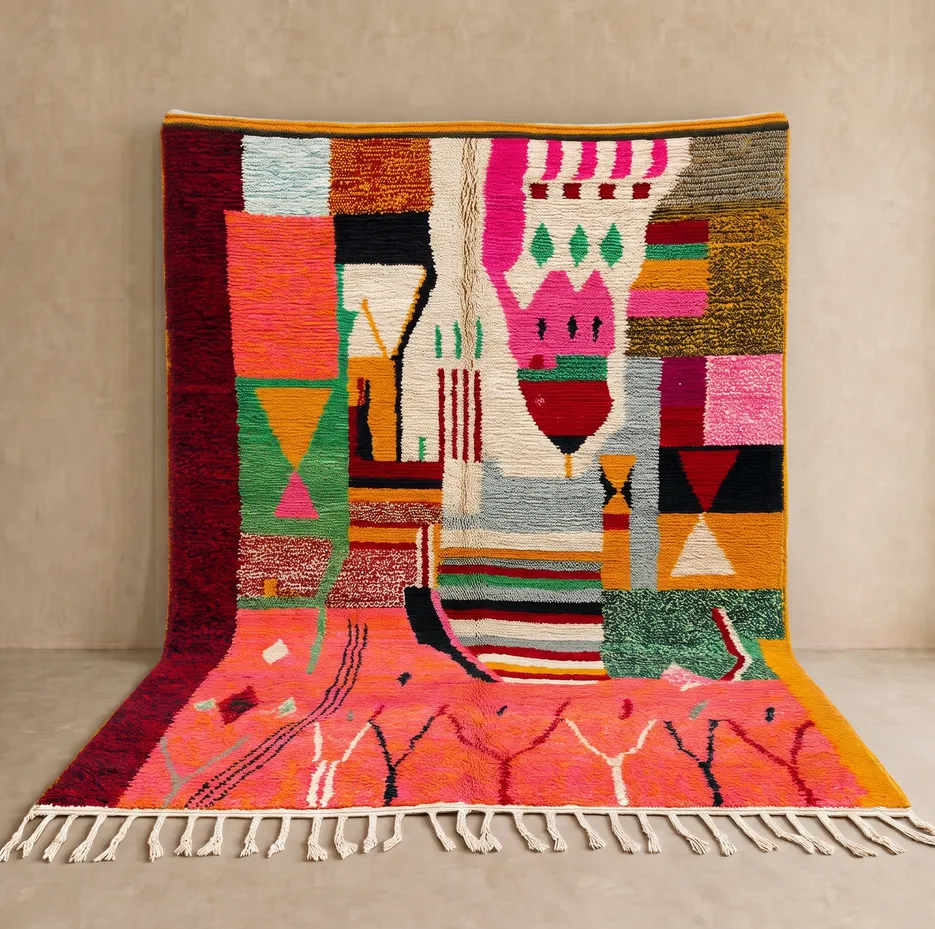 Tapis berbère Oualidia multicolore au dessin abstrait — tapis berbères contemporains tissé à la main