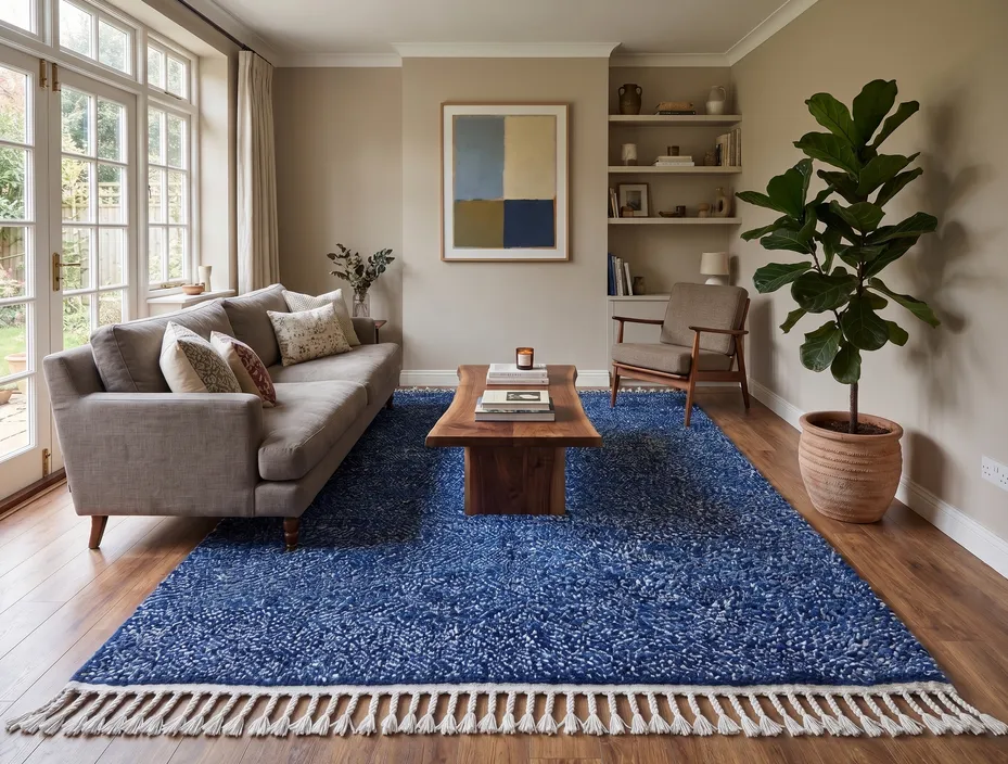 Tapis berbère Ouanoukrim bleu et blanc, vue 3 sur 4