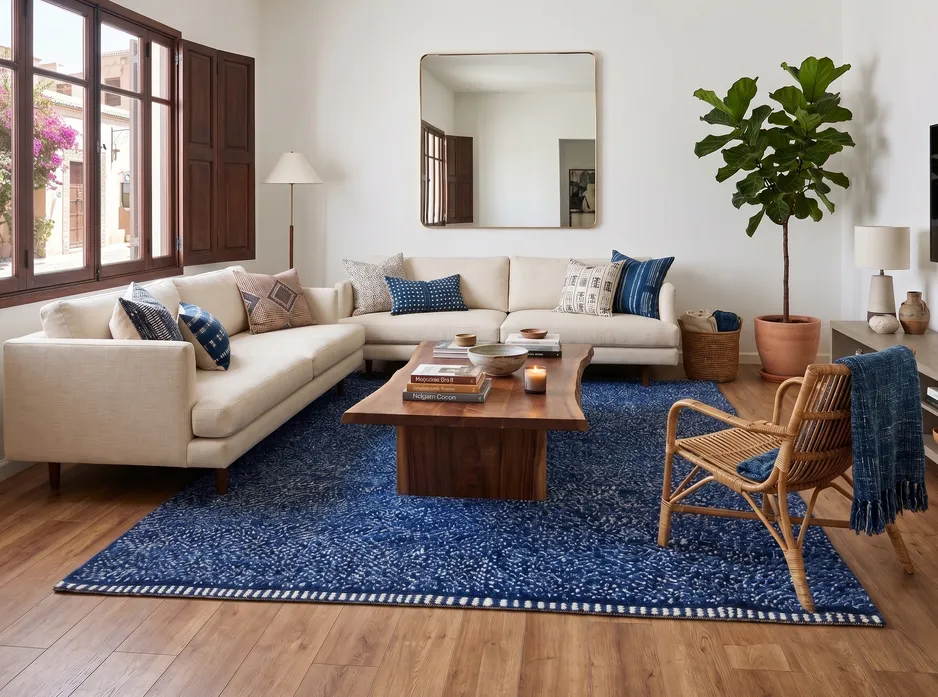 Tapis berbère Ouanoukrim bleu et blanc, vue 4 sur 4