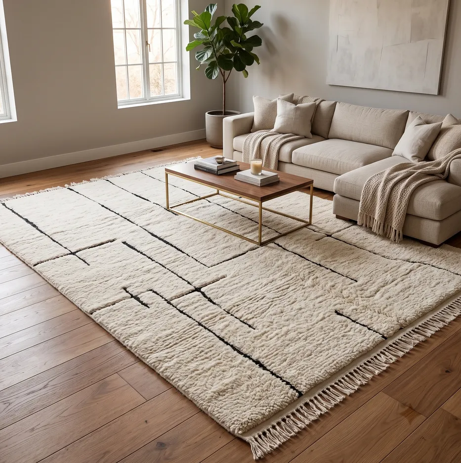Tapis berbère Ouezzane crème et noir à lignes, vue 3 sur 4