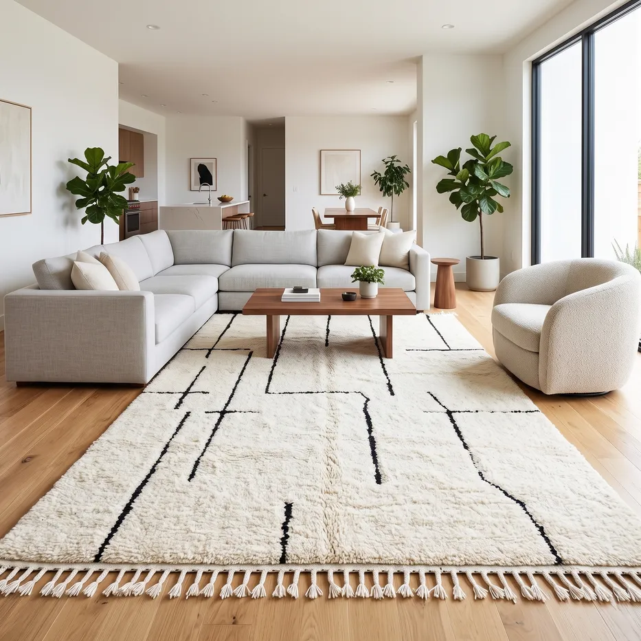 Tapis berbère Ouezzane crème et noir à lignes, vue 4 sur 4