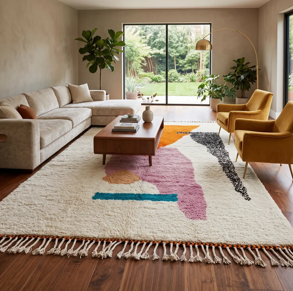 Tapis berbère Ouirgane orange et rose au dessin abstrait, vue 3 sur 4