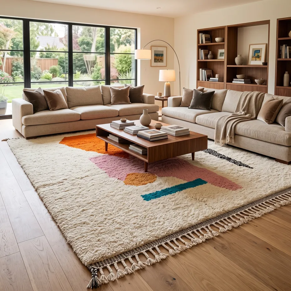 Tapis berbère Ouirgane orange et rose au dessin abstrait, vue 4 sur 4