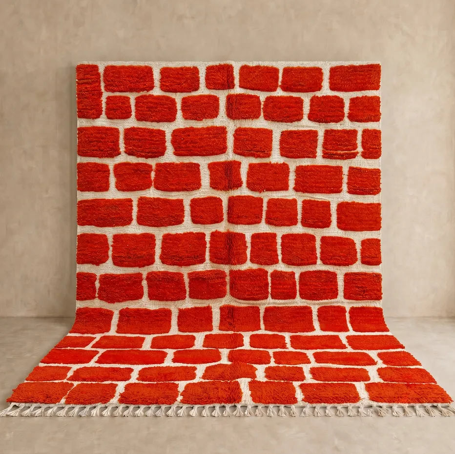 Tapis berbère Oulmès rouge aux motifs géométriques — tapis berbères contemporains tissé à la main