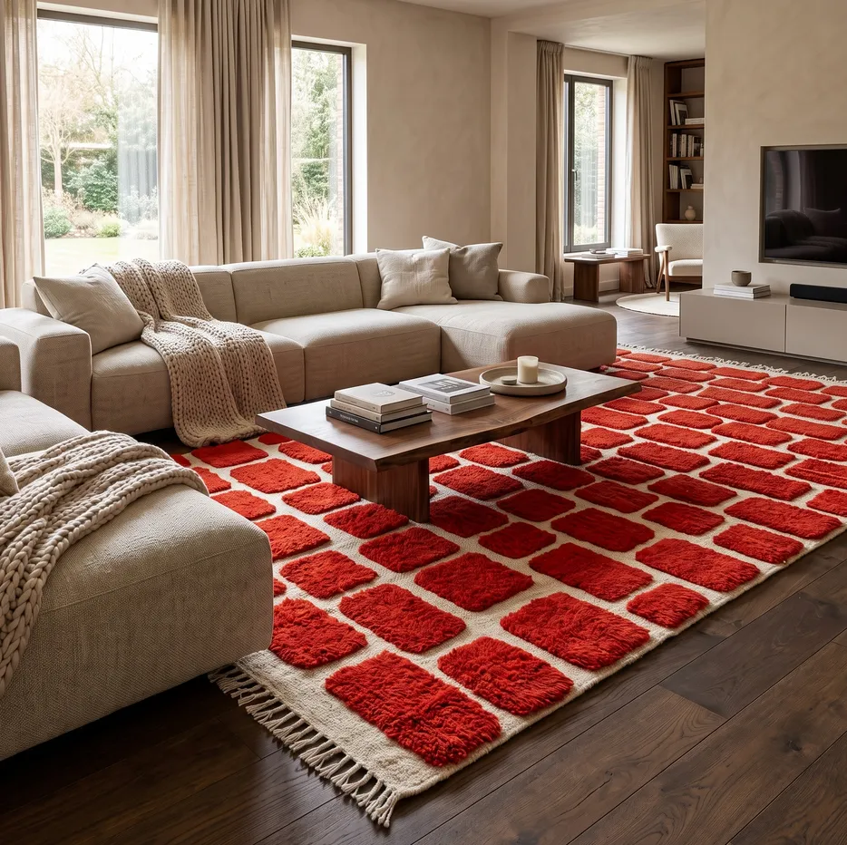 Tapis berbère Oulmès rouge aux motifs géométriques, vue 3 sur 4
