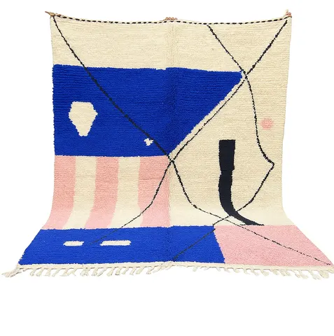 Tapis berbère Sebou bleu et rose au dessin abstrait — tapis berbères contemporains