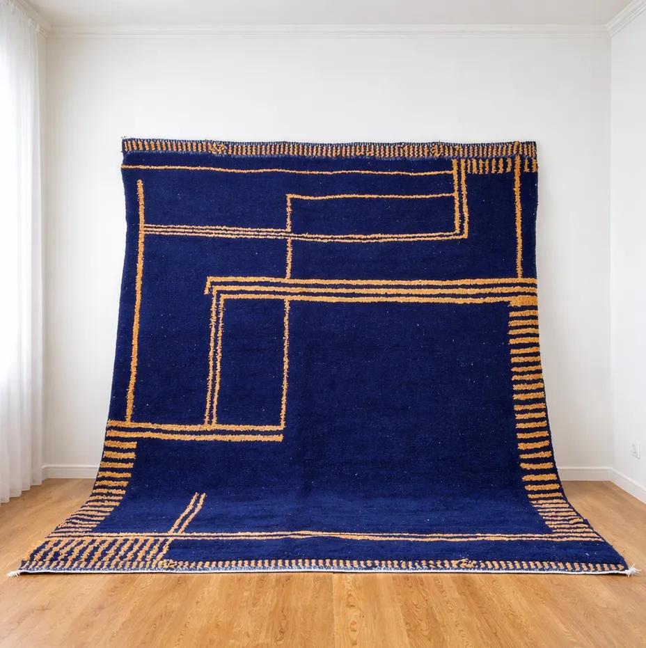 Tapis berbère Siroua bleu et moutarde à lignes — tapis berbères contemporains tissé à la main