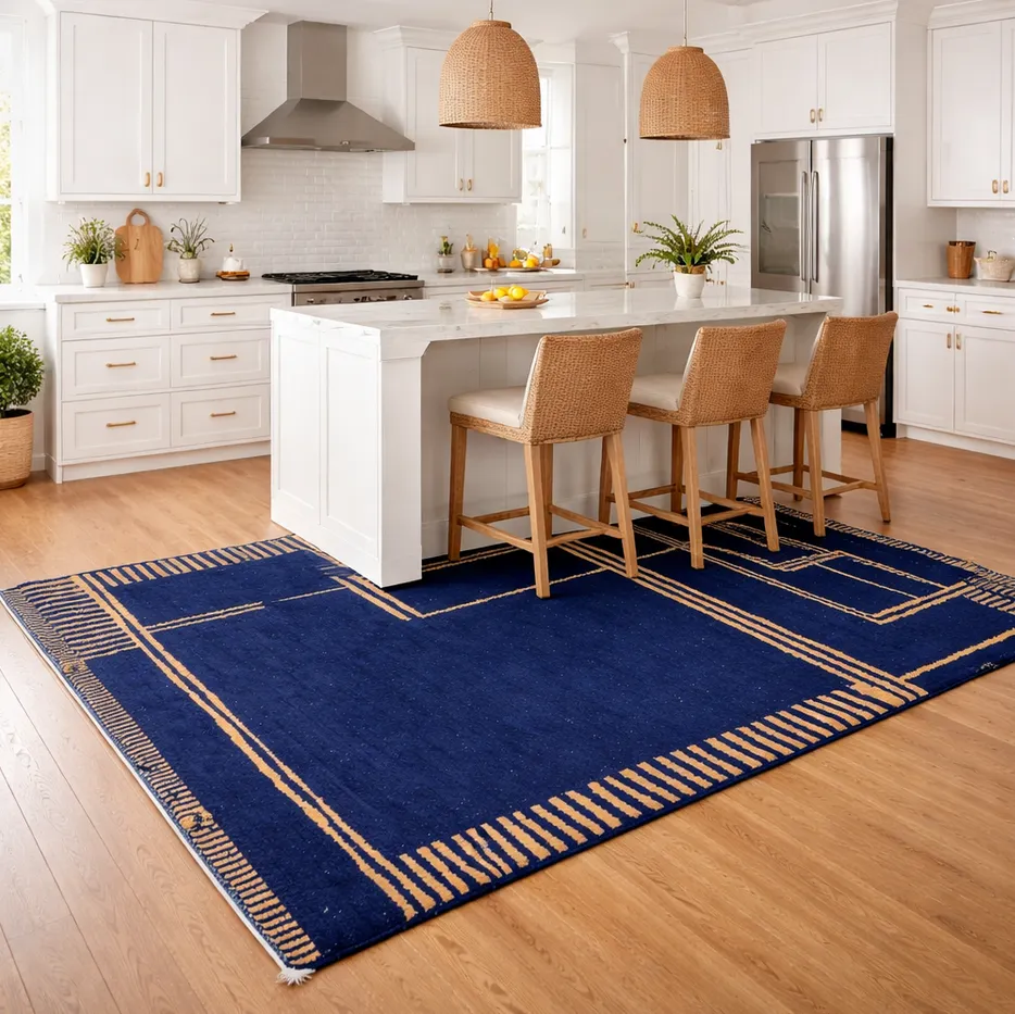 Tapis berbère Siroua bleu et moutarde à lignes, vue 3 sur 4