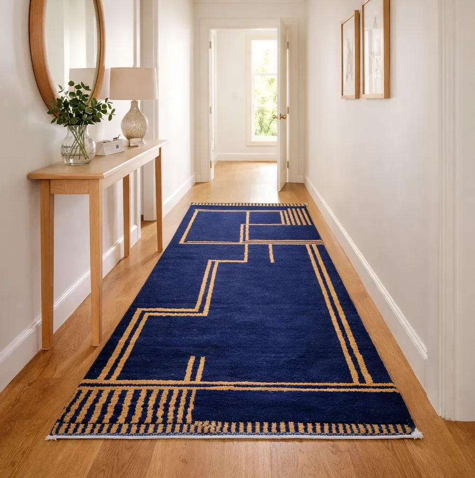 Tapis berbère Siroua bleu et moutarde à lignes, vue 4 sur 4
