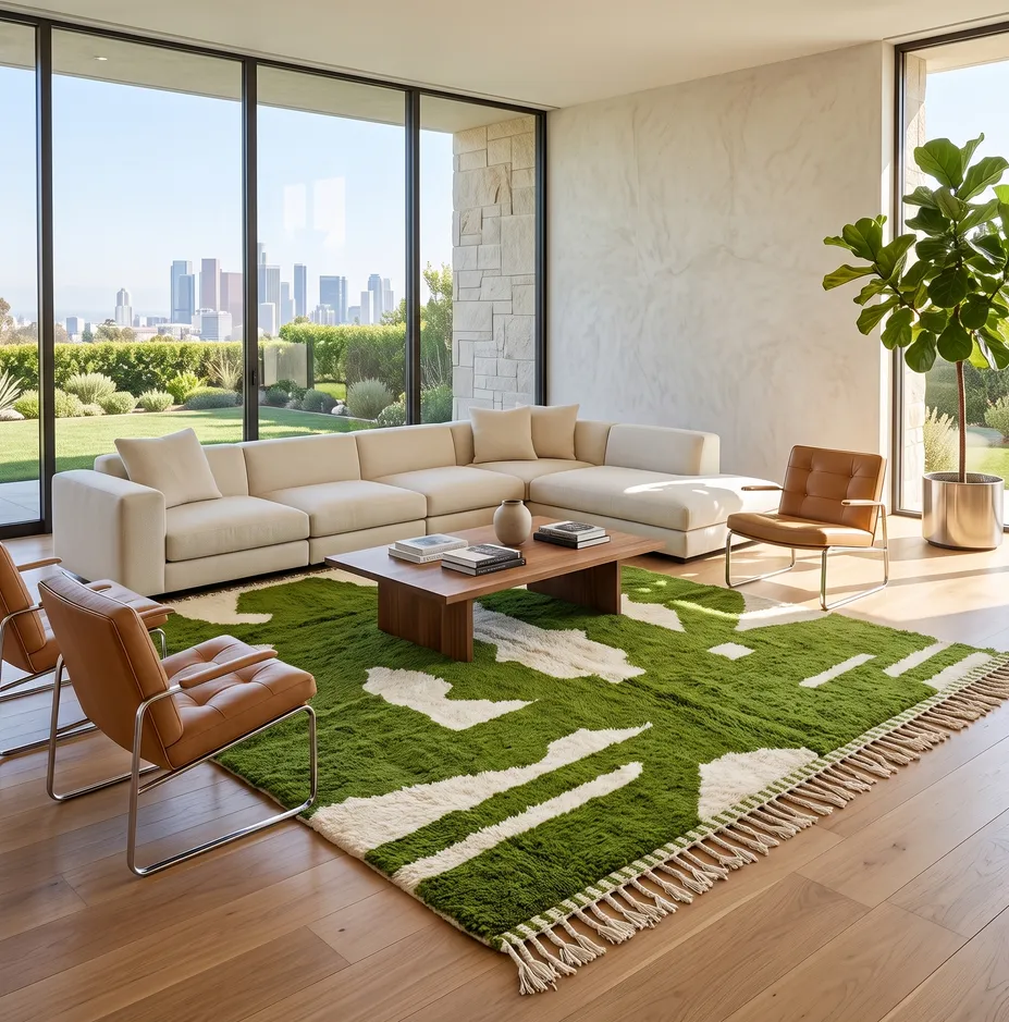 Tapis berbère Souss vert et crème au dessin abstrait, vue 4 sur 4